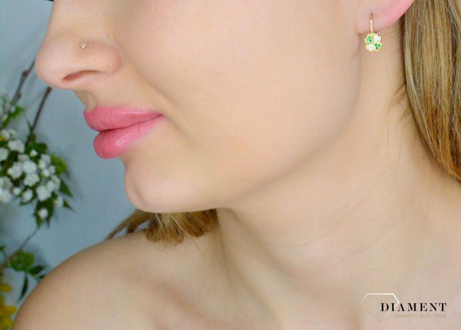 Złote kolczyki damskie 585 koniczynki z cyrkoniami KL 10201C.jpg